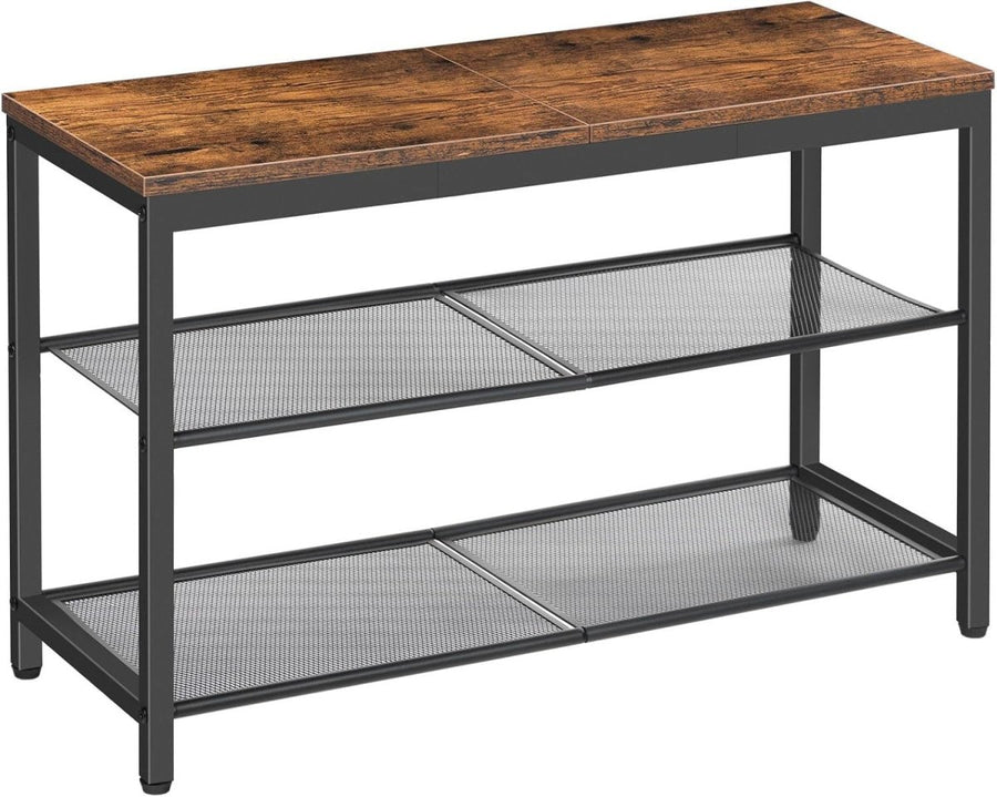Rustic Brown 3 - Tier Shoe Rack Bench with Mesh Shelves & Seat Industrial Entryway - Kwikley
