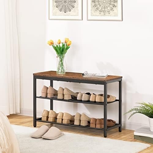 Rustic Brown 3 - Tier Shoe Rack Bench with Mesh Shelves & Seat Industrial Entryway - Kwikley