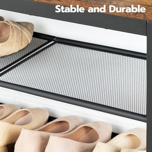Rustic Brown 3 - Tier Shoe Rack Bench with Mesh Shelves & Seat Industrial Entryway - Kwikley