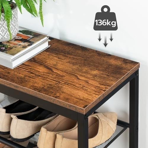 Rustic Brown 3 - Tier Shoe Rack Bench with Mesh Shelves & Seat Industrial Entryway - Kwikley