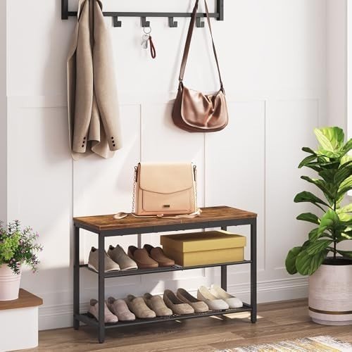 Rustic Brown 3 - Tier Shoe Rack Bench with Mesh Shelves & Seat Industrial Entryway - Kwikley