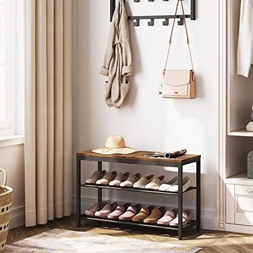 Rustic Brown 3 - Tier Shoe Rack Bench with Mesh Shelves & Seat Industrial Entryway - Kwikley