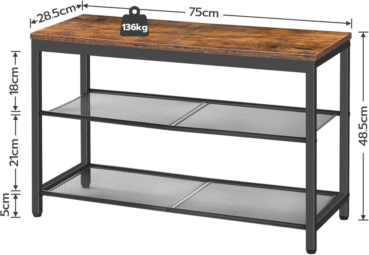 Rustic Brown 3 - Tier Shoe Rack Bench with Mesh Shelves & Seat Industrial Entryway - Kwikley
