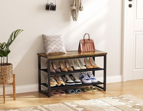 Rustic Brown 3 Tier Shoe Rack Bench with Seat Metal Frame Wooden Shelf 75x29x46 - Kwikley