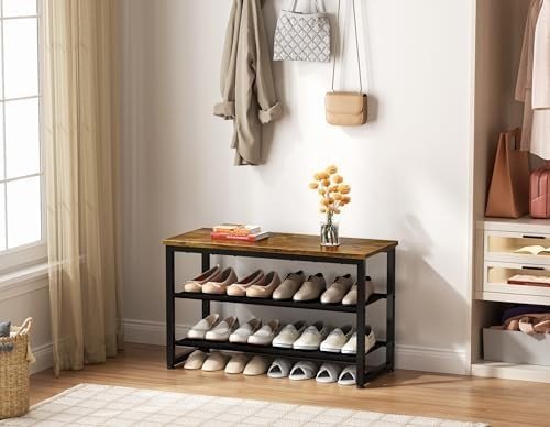 Rustic Brown 3 Tier Shoe Rack Bench with Seat Metal Frame Wooden Shelf 75x29x46 - Kwikley