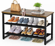 Rustic Brown 3 Tier Shoe Rack Bench with Seat Metal Frame Wooden Shelf 75x29x46 - Kwikley