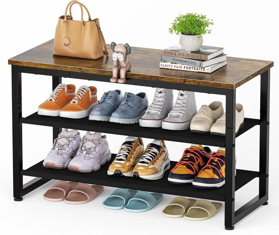 Rustic Brown 3 Tier Shoe Rack Bench with Seat Metal Frame Wooden Shelf 75x29x46 - Kwikley