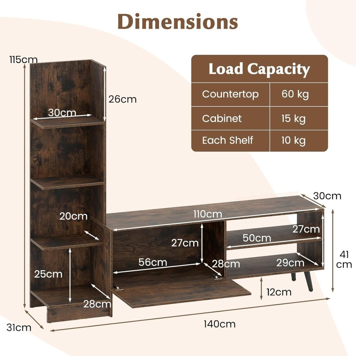Rustic Brown 50" TV Stand Cabinet with Adjustable Shelves & Storage Unit - Kwikley