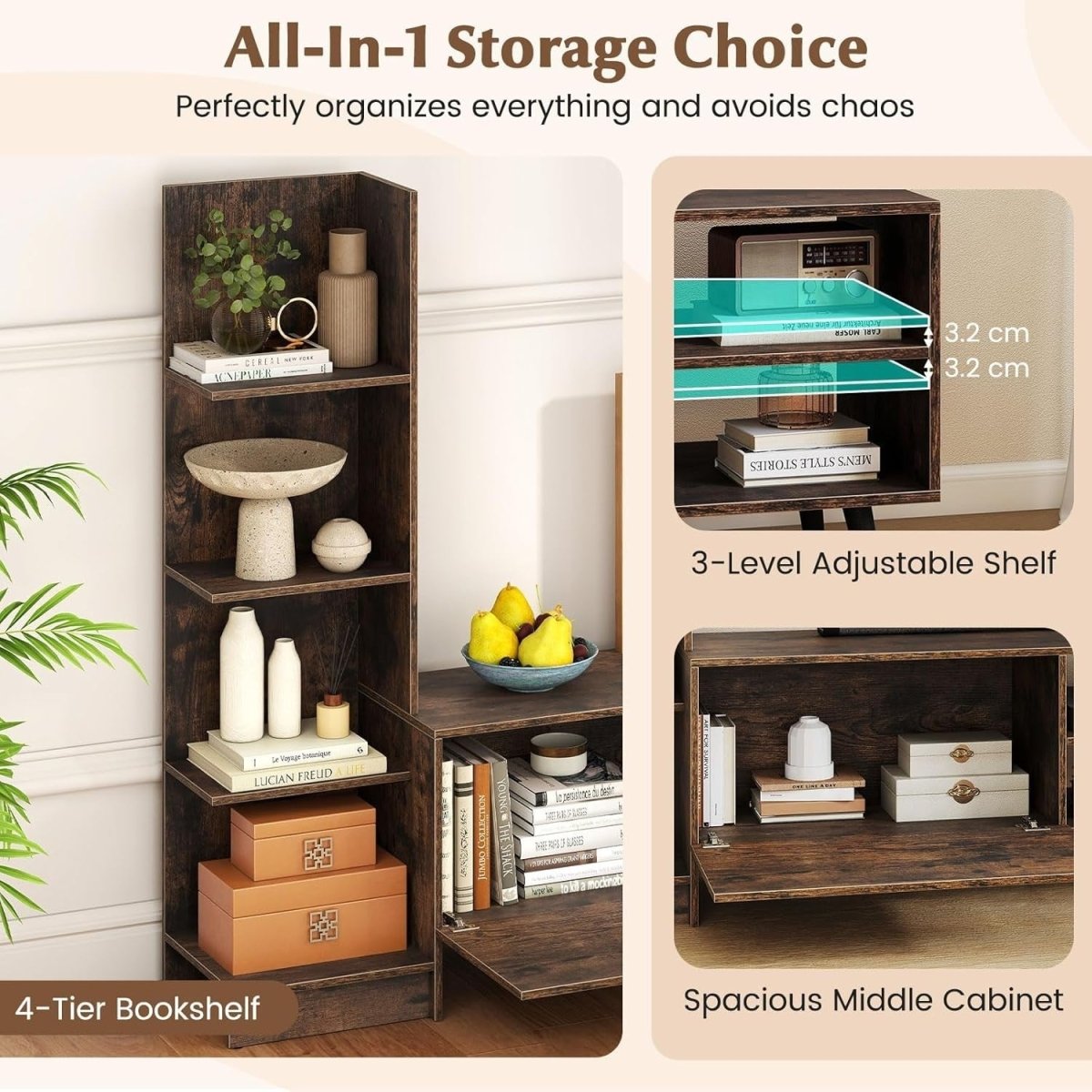Rustic Brown 50" TV Stand Cabinet with Adjustable Shelves & Storage Unit - Kwikley