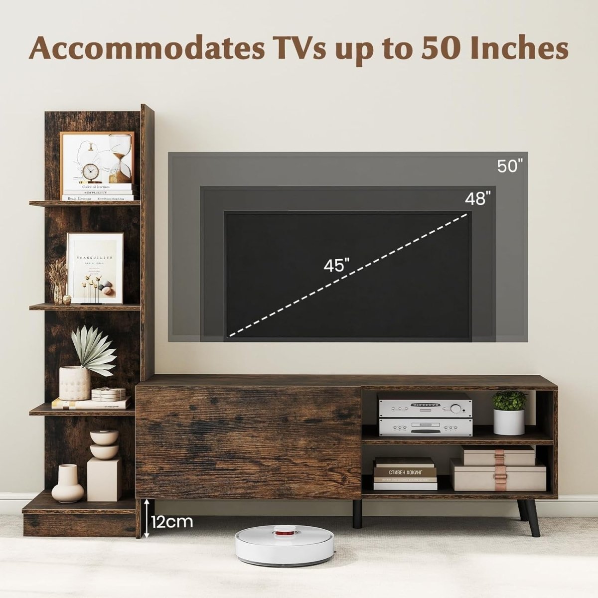 Rustic Brown 50" TV Stand Cabinet with Adjustable Shelves & Storage Unit - Kwikley