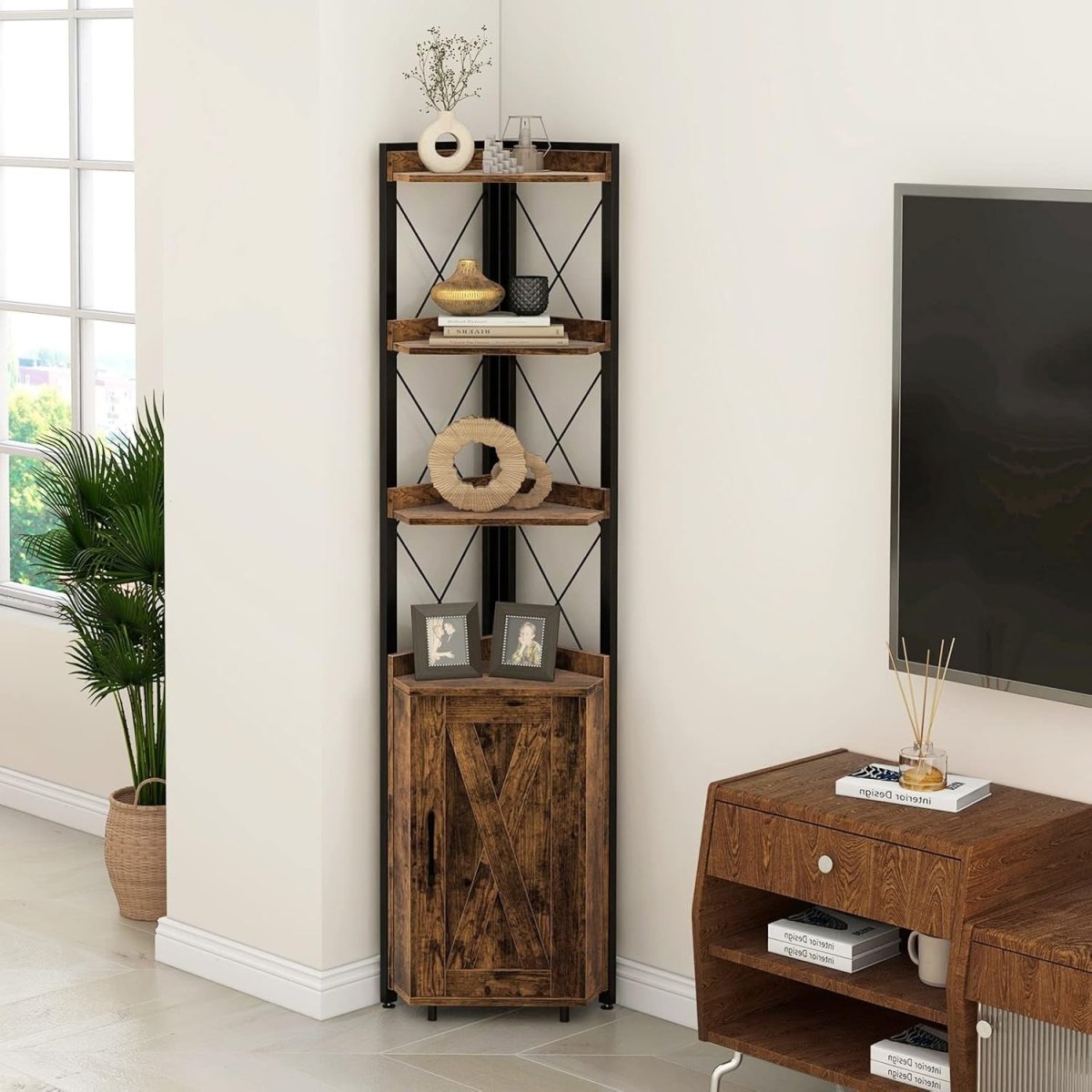 Rustic Brown 6 - Tier Corner Bookcase Tall Freestanding Storage Shelf with Cabinet - Kwikley