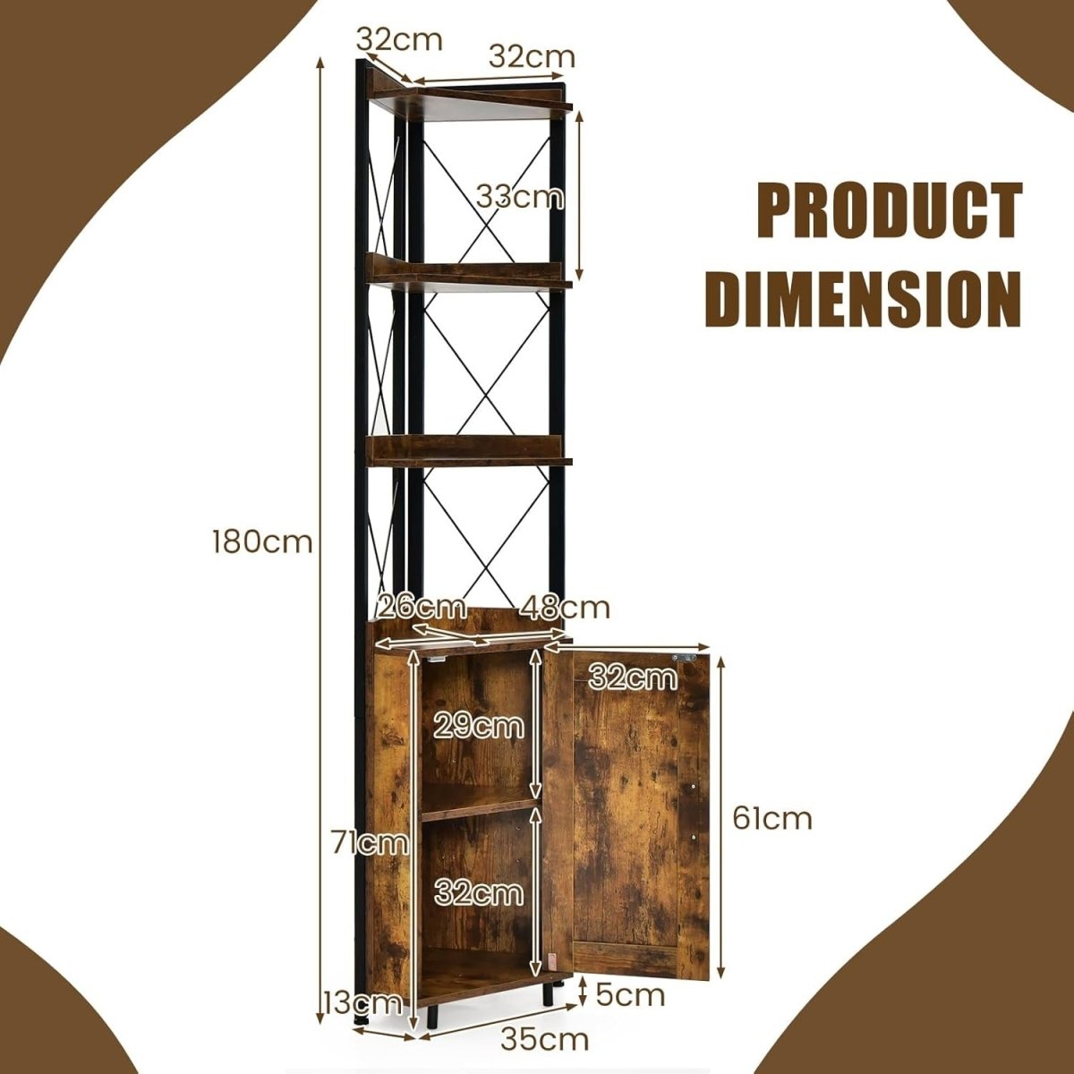 Rustic Brown 6 - Tier Corner Bookcase Tall Freestanding Storage Shelf with Cabinet - Kwikley