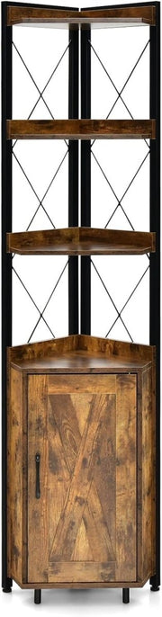 Rustic Brown 6 - Tier Corner Bookcase Tall Freestanding Storage Shelf with Cabinet - Kwikley