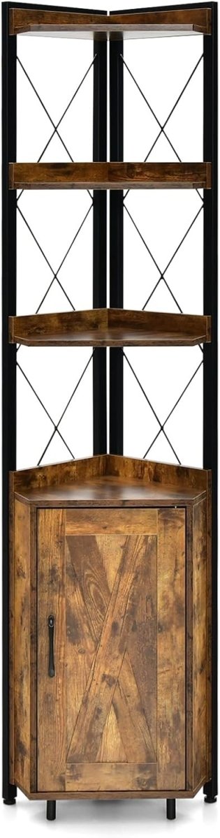 Rustic Brown 6 - Tier Corner Bookcase Tall Freestanding Storage Shelf with Cabinet - Kwikley
