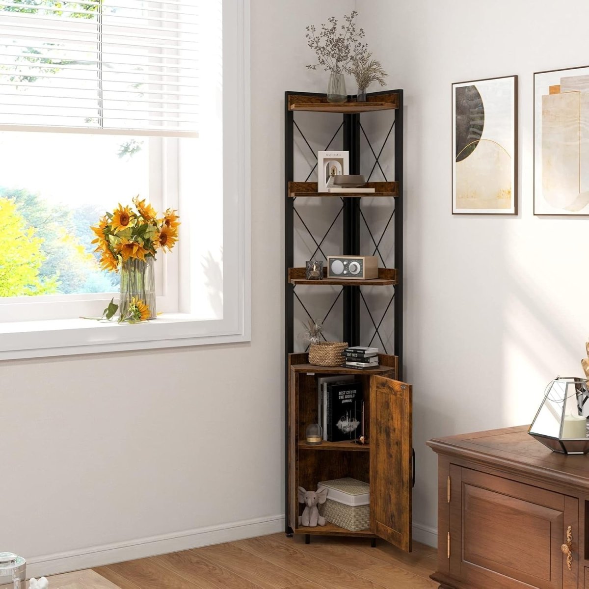 Rustic Brown 6 - Tier Corner Bookcase Tall Freestanding Storage Shelf with Cabinet - Kwikley