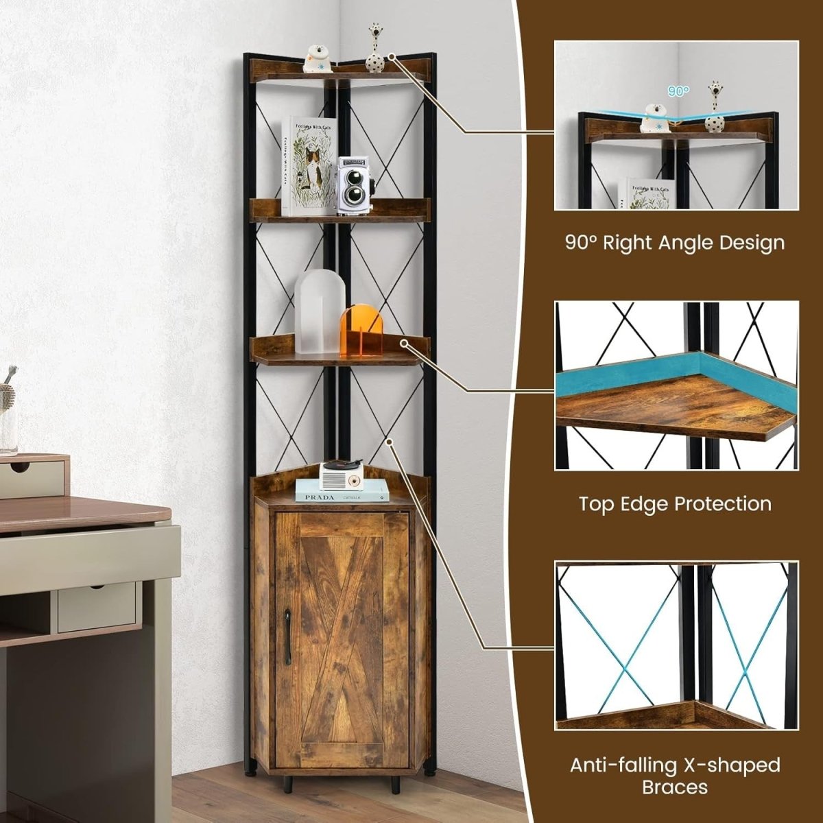 Rustic Brown 6 - Tier Corner Bookcase Tall Freestanding Storage Shelf with Cabinet - Kwikley