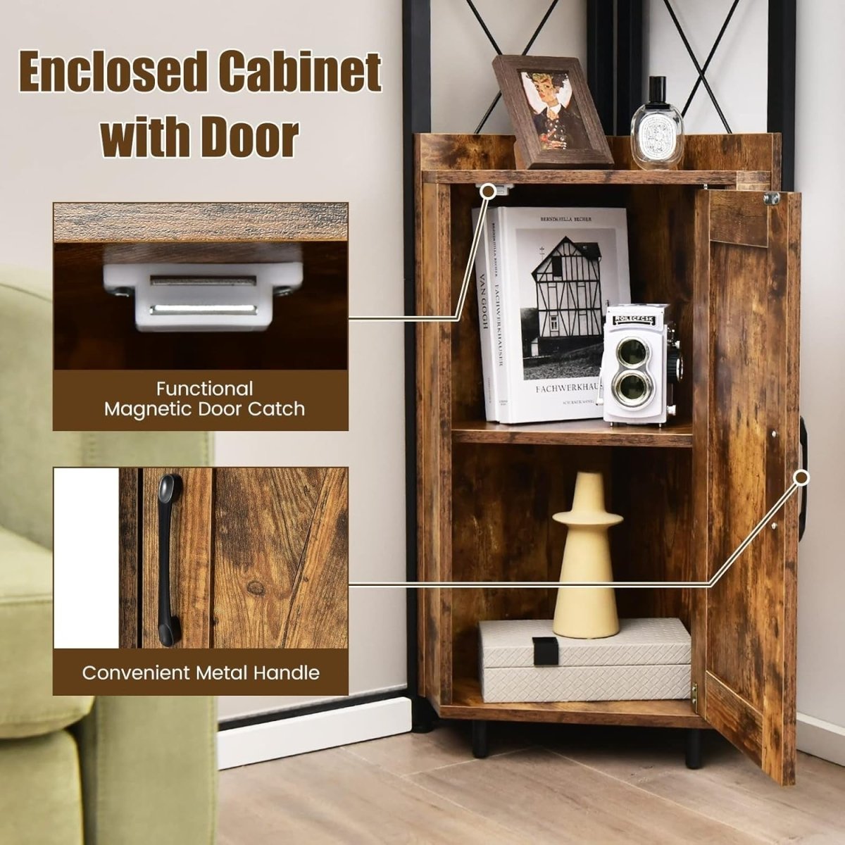 Rustic Brown 6 - Tier Corner Bookcase Tall Freestanding Storage Shelf with Cabinet - Kwikley