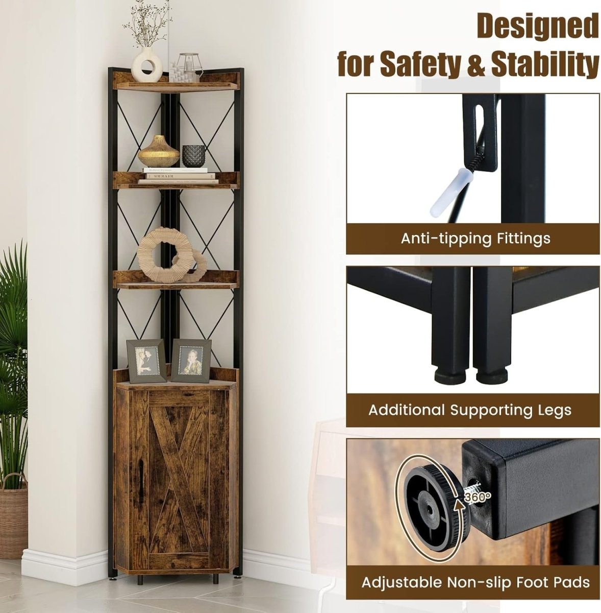 Rustic Brown 6 - Tier Corner Bookcase Tall Freestanding Storage Shelf with Cabinet - Kwikley