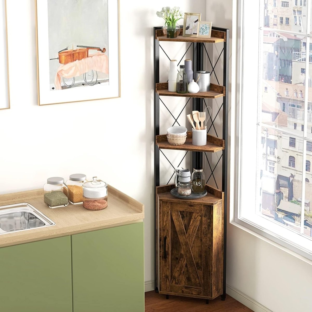 Rustic Brown 6 - Tier Corner Bookcase Tall Freestanding Storage Shelf with Cabinet - Kwikley