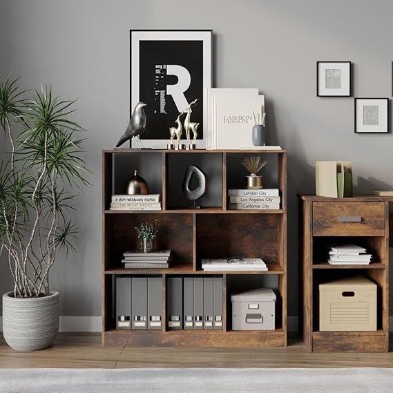 Rustic Brown 8 - Cube Asymmetrical Bookcase – Freestanding Storage Display Unit - Kwikley