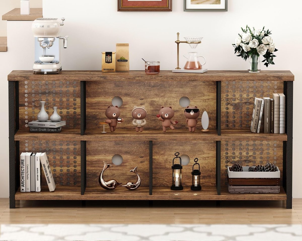 Rustic Brown 8 Cube Wooden Bookcase Storage Cabinet Industrial Style 160x34x76cm - Kwikley