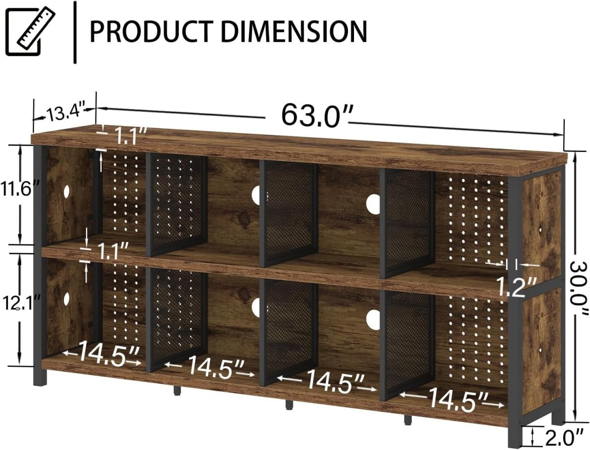 Rustic Brown 8 Cube Wooden Bookcase Storage Cabinet Industrial Style 160x34x76cm - Kwikley