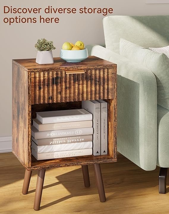 Rustic Brown Bedside Table, Mid Century Nightstand with Drawer & Shelf, Solid - Kwikley