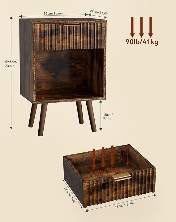 Rustic Brown Bedside Table, Mid Century Nightstand with Drawer & Shelf, Solid - Kwikley
