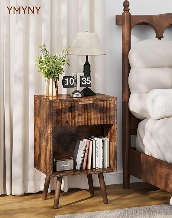 Rustic Brown Bedside Table, Mid Century Nightstand with Drawer & Shelf, Solid - Kwikley