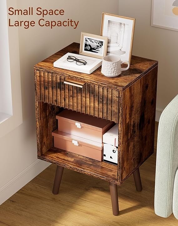 Rustic Brown Bedside Table, Mid Century Nightstand with Drawer & Shelf, Solid - Kwikley