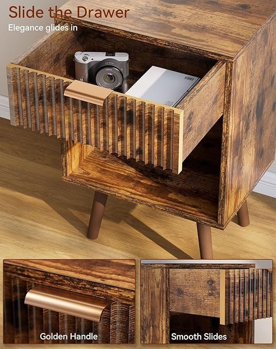 Rustic Brown Bedside Table, Mid Century Nightstand with Drawer & Shelf, Solid - Kwikley