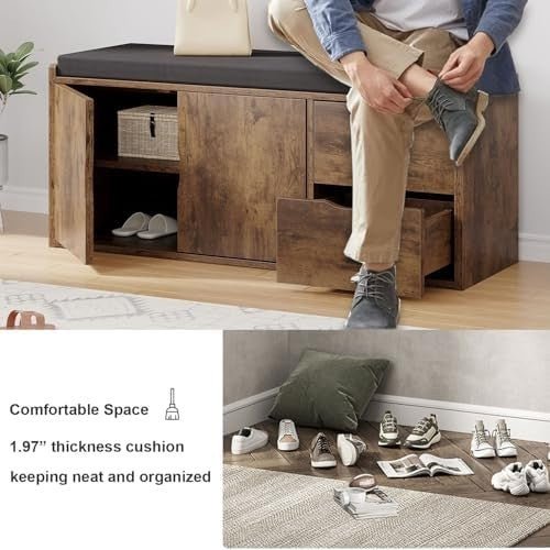 Rustic Brown Entryway Shoe Storage Bench with Cushion 2 Drawers Hidden Rack - Kwikley