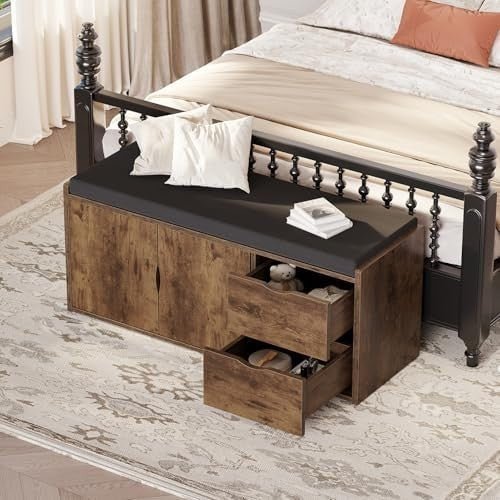 Rustic Brown Entryway Shoe Storage Bench with Cushion 2 Drawers Hidden Rack - Kwikley