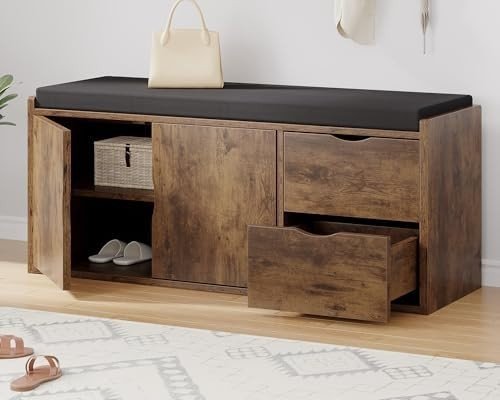 Rustic Brown Entryway Shoe Storage Bench with Cushion 2 Drawers Hidden Rack - Kwikley