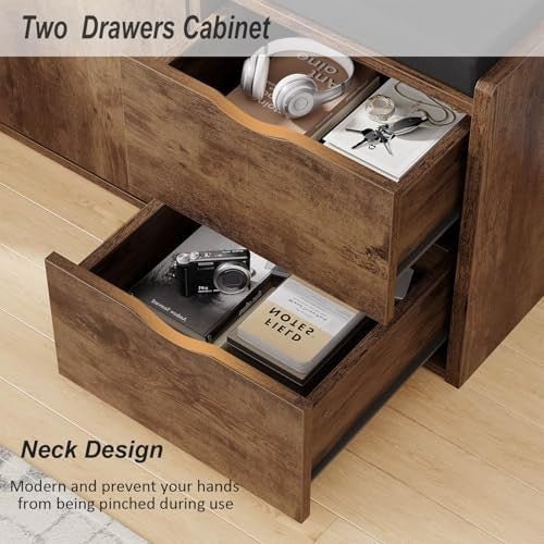 Rustic Brown Entryway Shoe Storage Bench with Cushion 2 Drawers Hidden Rack - Kwikley