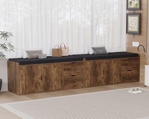Rustic Brown Entryway Shoe Storage Bench with Cushion 2 Drawers Hidden Rack - Kwikley