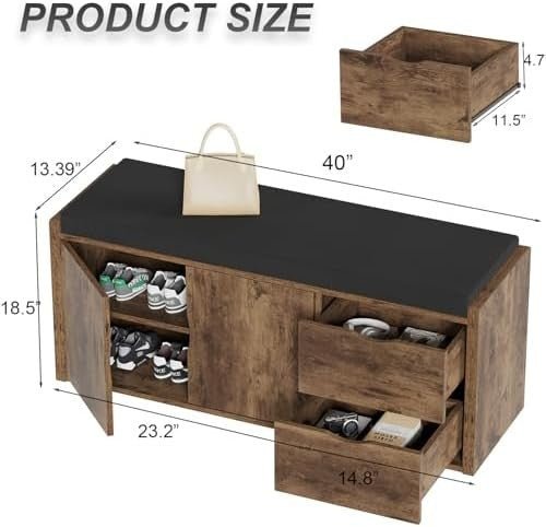 Rustic Brown Entryway Shoe Storage Bench with Cushion 2 Drawers Hidden Rack - Kwikley