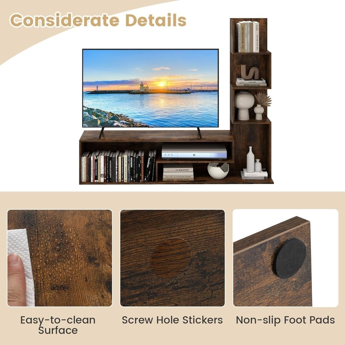 Rustic Brown L-Shaped TV Stand up to 50" with Storage Shelves & Open Space - Kwikley