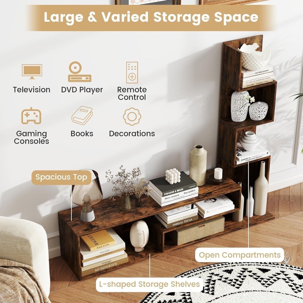 Rustic Brown L-Shaped TV Stand up to 50" with Storage Shelves & Open Space - Kwikley