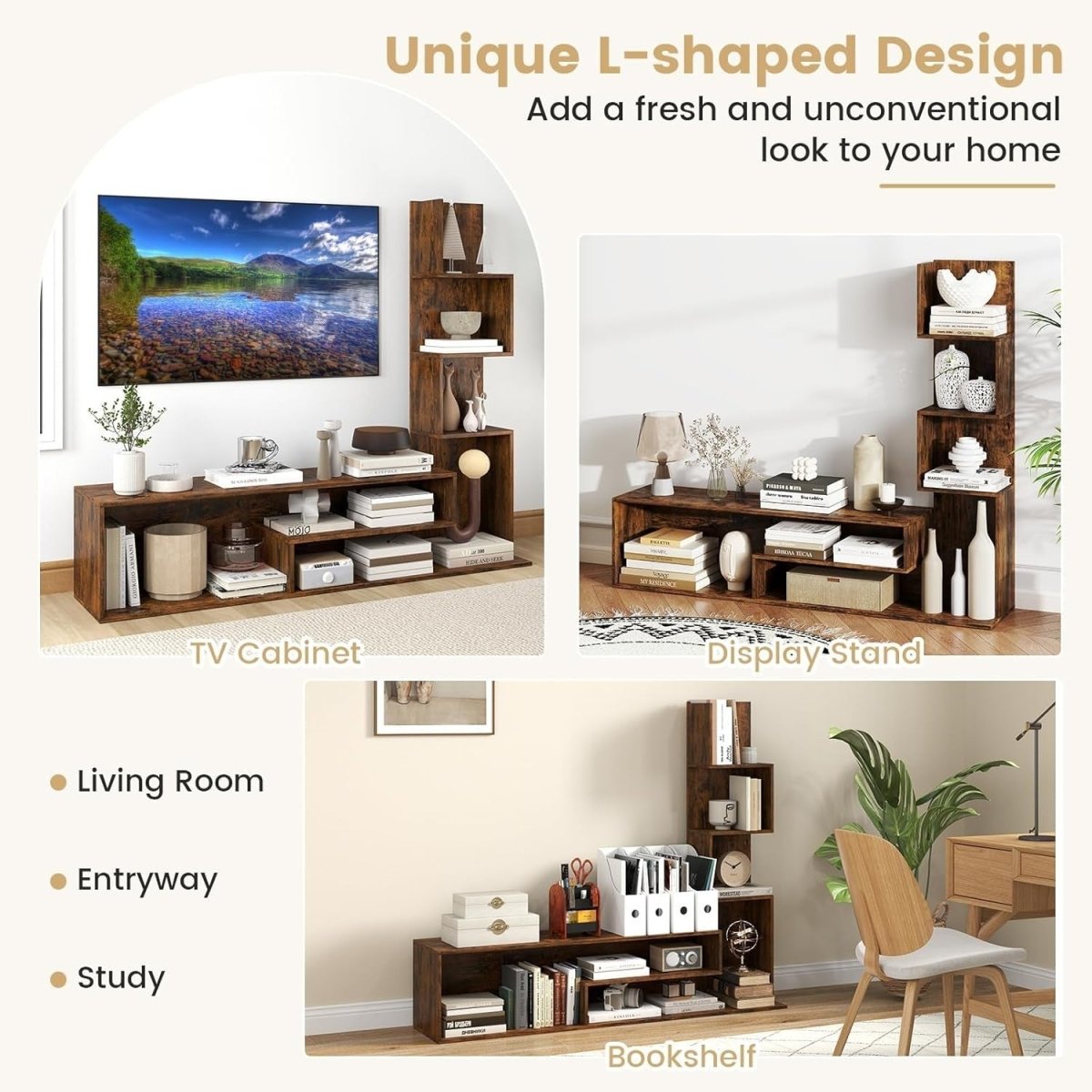 Rustic Brown L-Shaped TV Stand up to 50" with Storage Shelves & Open Space - Kwikley