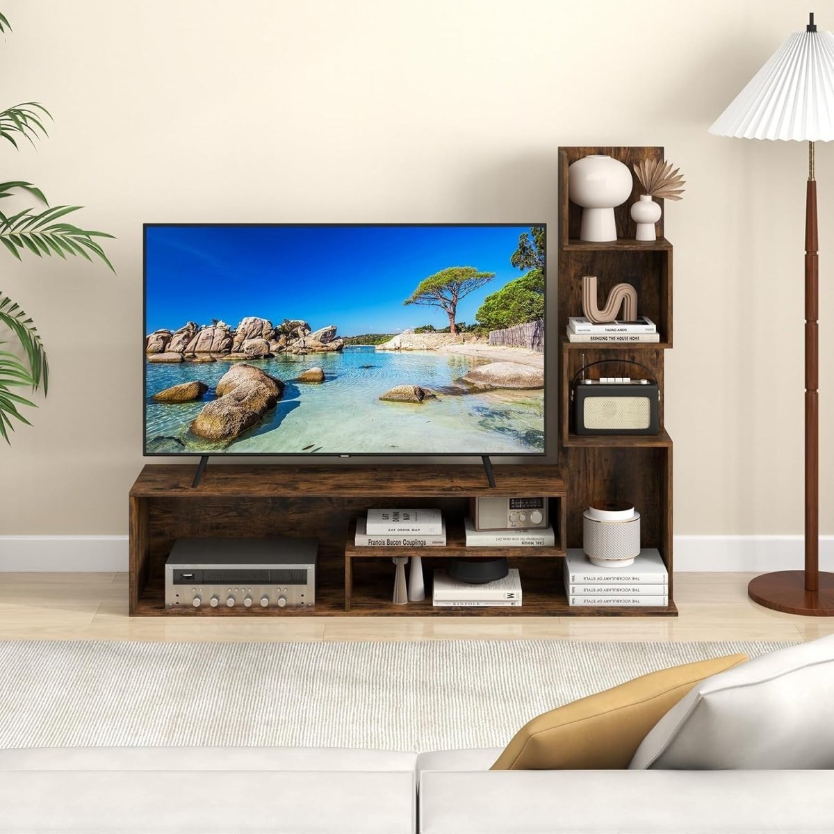 Rustic Brown L-Shaped TV Stand up to 50" with Storage Shelves & Open Space - Kwikley