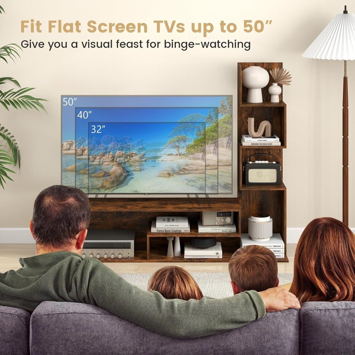 Rustic Brown L-Shaped TV Stand up to 50" with Storage Shelves & Open Space - Kwikley