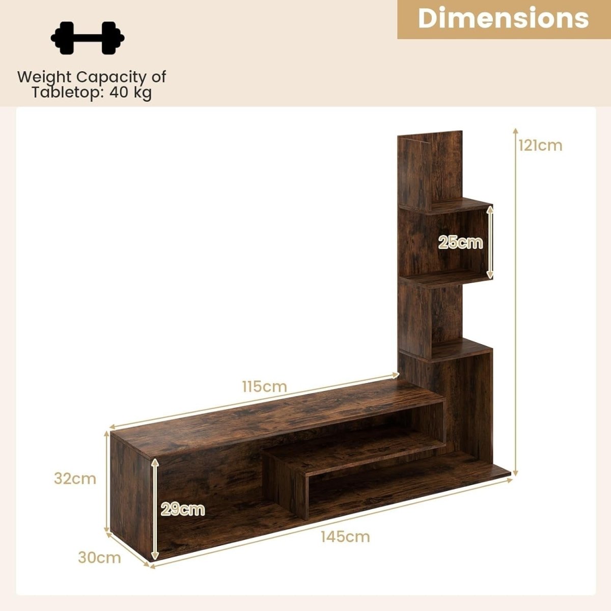 Rustic Brown L-Shaped TV Stand up to 50" with Storage Shelves & Open Space - Kwikley