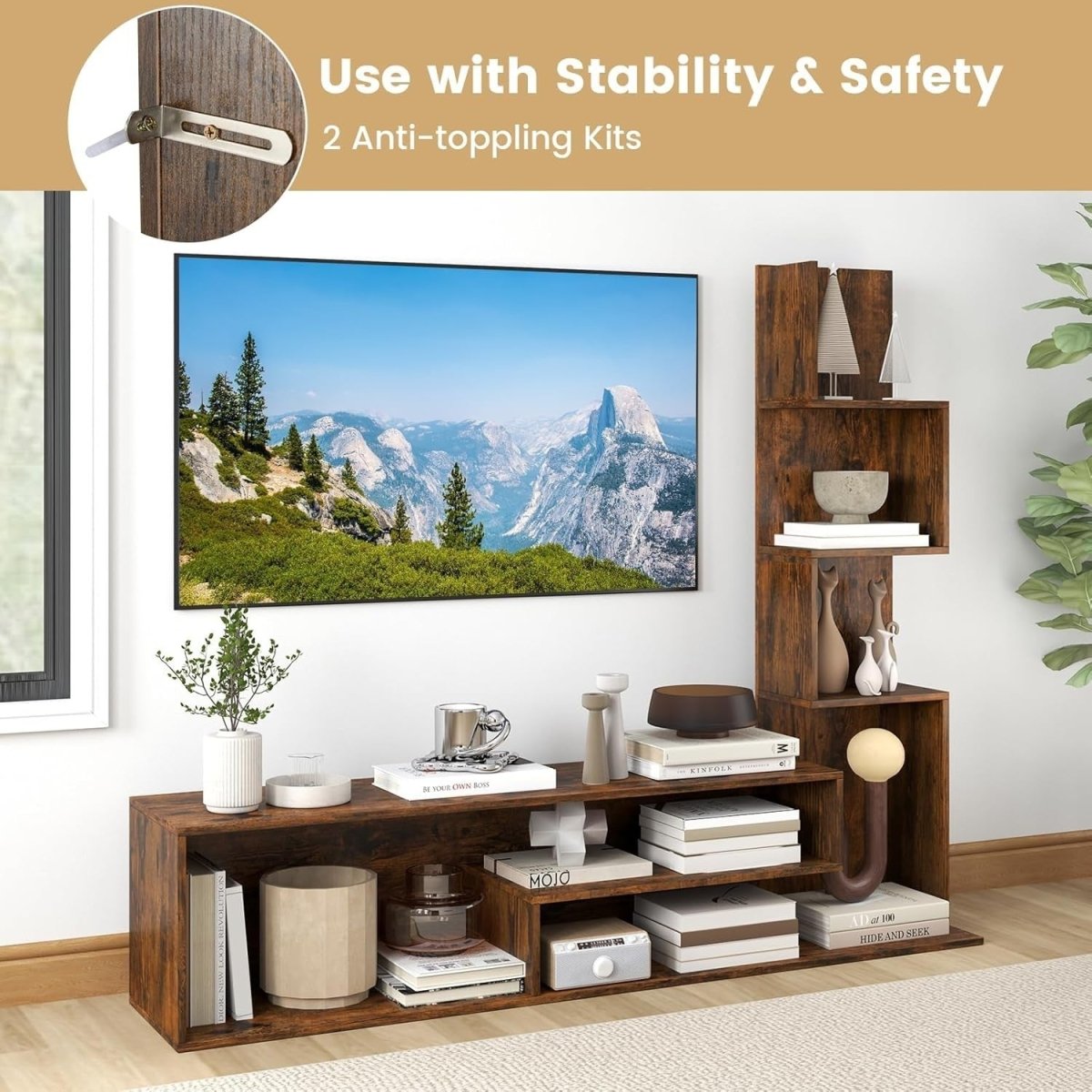 Rustic Brown L-Shaped TV Stand up to 50" with Storage Shelves & Open Space - Kwikley
