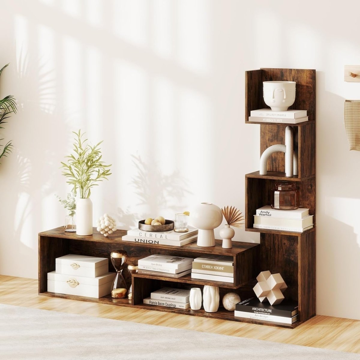 Rustic Brown L-Shaped TV Stand up to 50" with Storage Shelves & Open Space - Kwikley