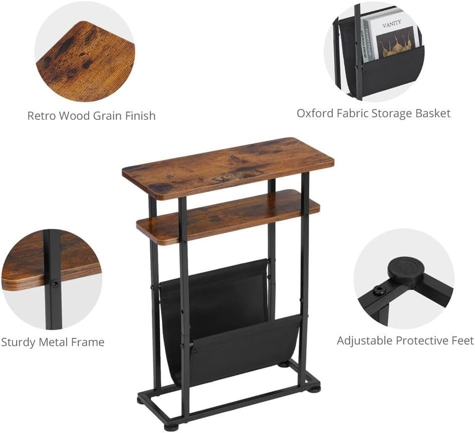 Rustic Brown Slim Side Table with Magazine Holder 18x42x55cm - Kwikley