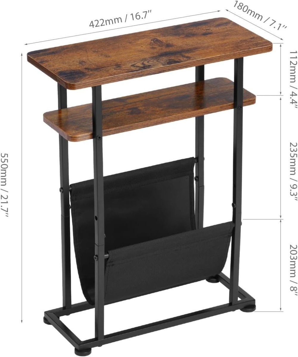 Rustic Brown Slim Side Table with Magazine Holder 18x42x55cm - Kwikley