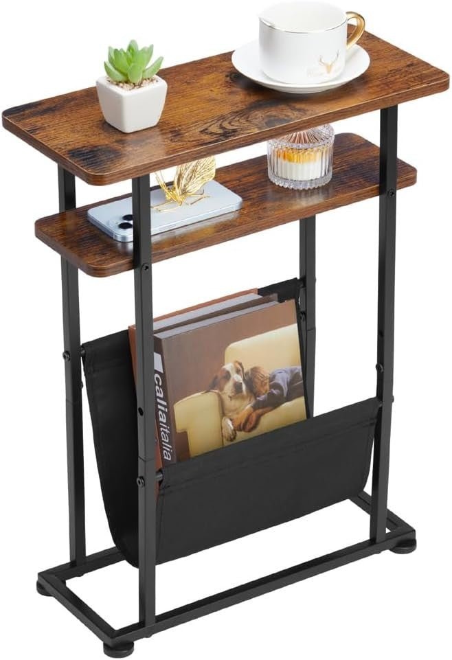 Rustic Brown Slim Side Table with Magazine Holder 18x42x55cm - Kwikley