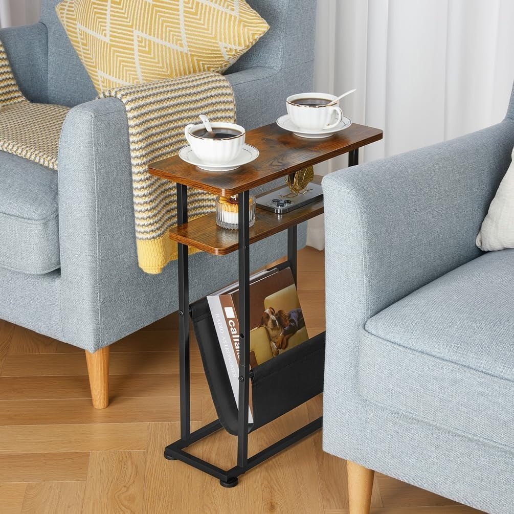 Rustic Brown Slim Side Table with Magazine Holder 18x42x55cm - Kwikley