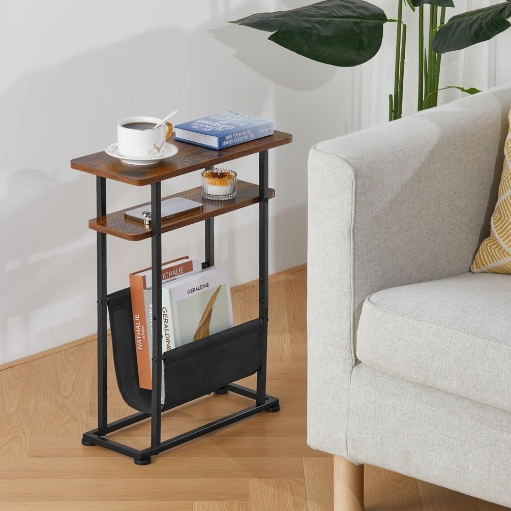 Rustic Brown Slim Side Table with Magazine Holder 18x42x55cm - Kwikley